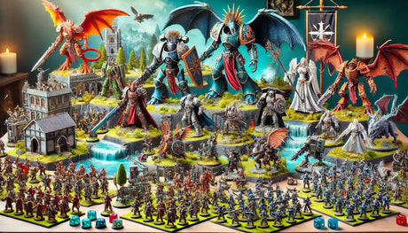Vielfältige Tabletop Miniaturen: Fantasy, Sci-Fi und historische Figuren, bemalt und unbemalt.