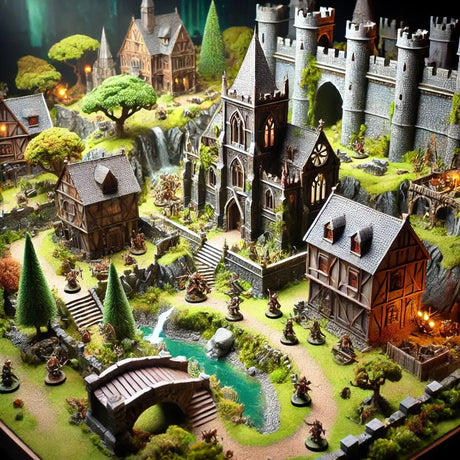 Detailreiches Tabletop-Gelände mit mittelalterlichen Gebäuden, Ruinen, Wäldern und Miniaturen in einem epischen Fantasy-Spielsetting