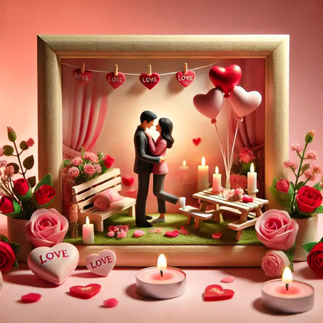 Romantische Szene mit Miniaturfiguren eines Paares, umgeben von Herzluftballons, Rosen und Kerzen, ideal für Valentinstag-Dioramen.