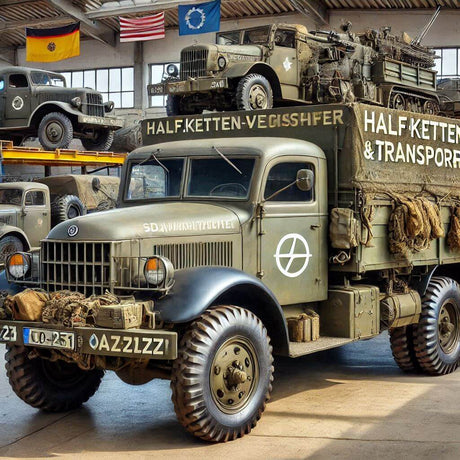 Opel Blitz Transporter mit militärischer Ausrüstung, Halbkettenfahrzeuge im Hintergrund, eingesetzt für Truppentransport.