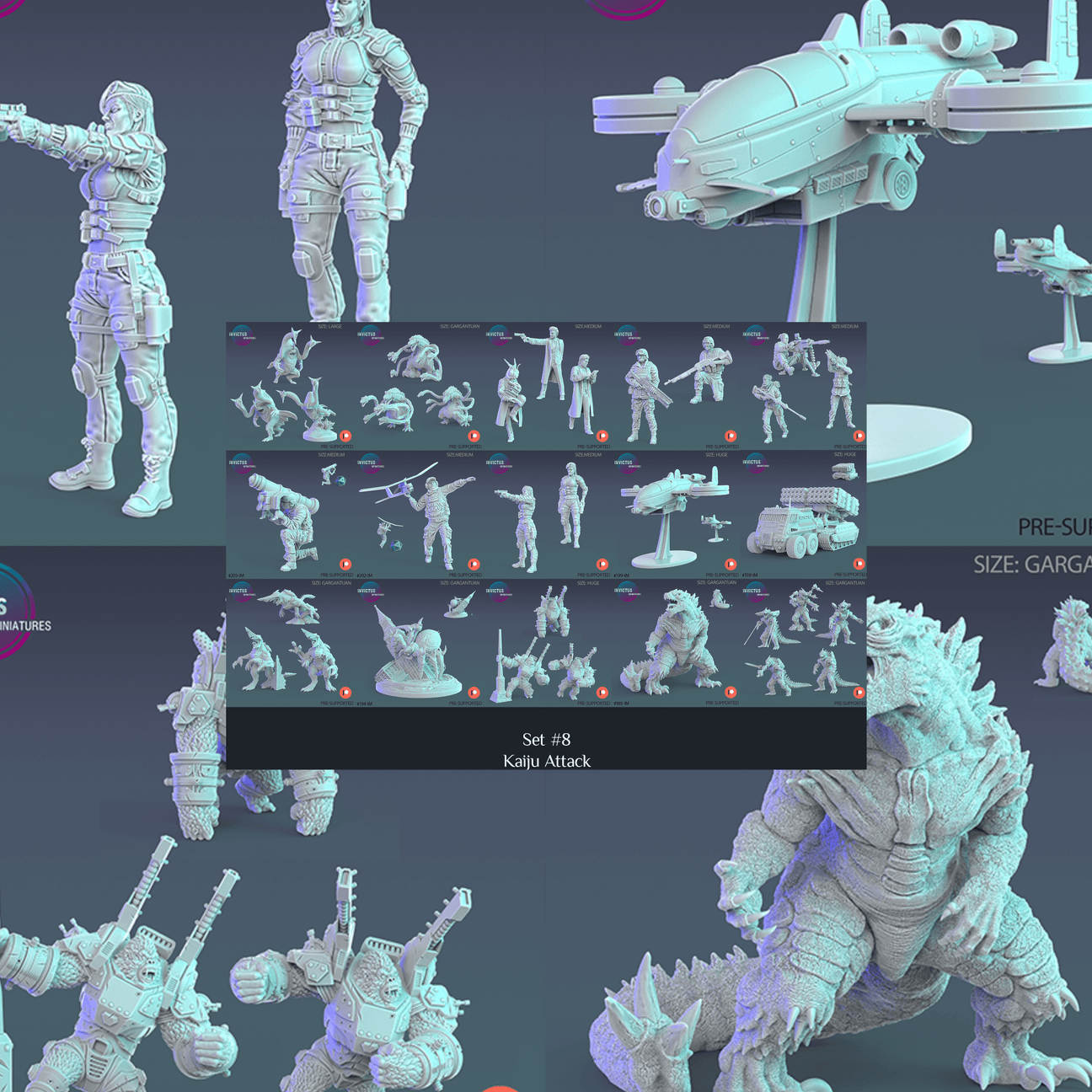 Kaiju Attack" von Invictus Miniature: 3D gedruckte, detailreiche Tabletop-Miniaturen von Riesenmonstern und Verteidigungskräften zum Anmalen