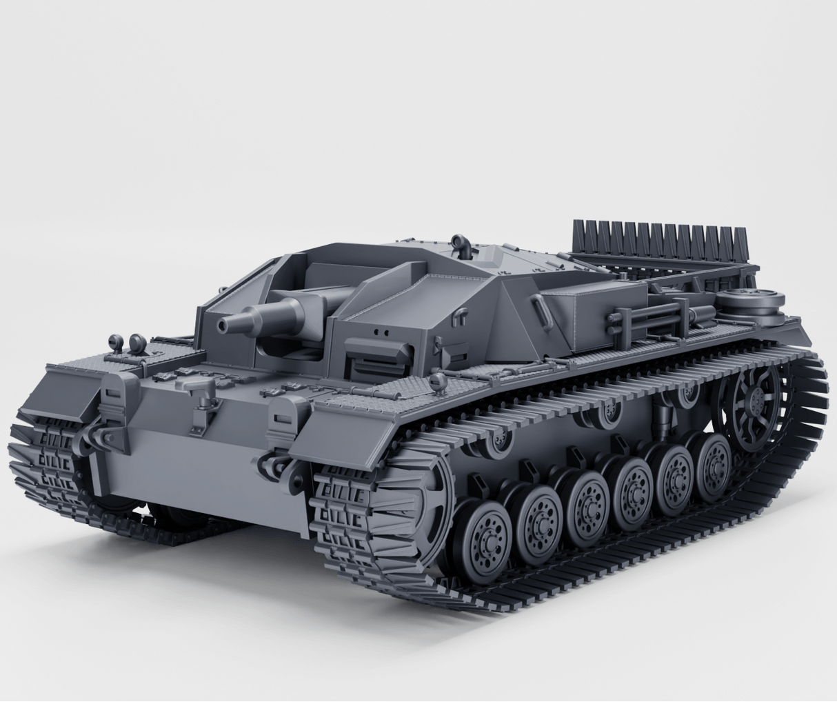 Sturmgeschütz III Ausf. D mit Winterketten und 7,5 cm StuK 37 Kanone, detailreiche Darstellung des historischen Panzers.