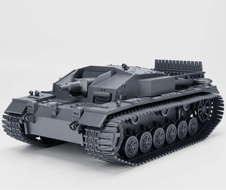 Sturmgeschütz III Ausf. E Modellansicht in Grau mit Panzerung und Rückwärtiger MG-Abwehr.