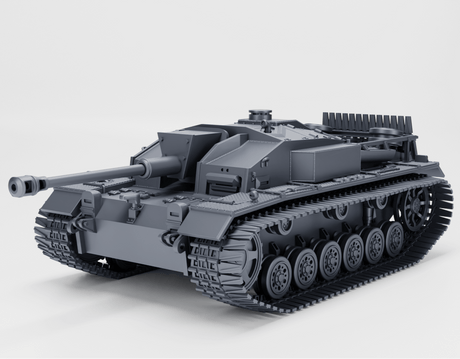 3D-Modell des Sturmgeschütz III Ausf. F mit 7,5 cm Kanone und Winterketten.