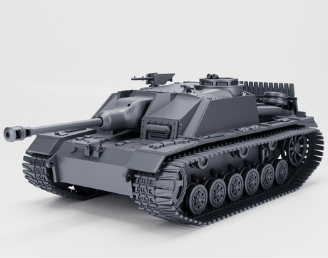Sturmgeschütz III Ausf. G Late Edition Modell mit Saukopf-Blende und Winterketten in grauer Ausführung.