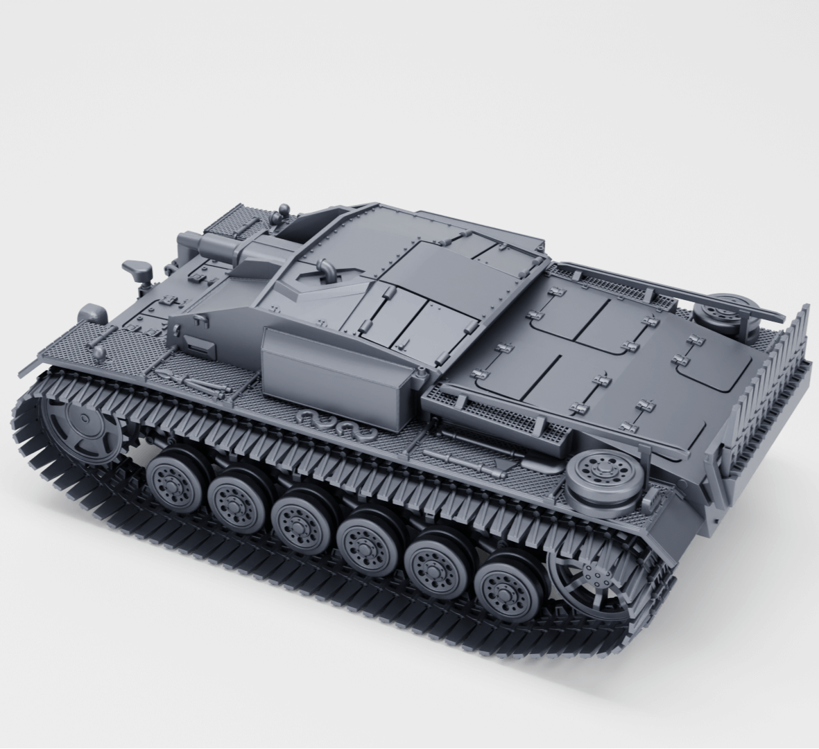 Sturmgeschütz III Ausf. E Modell in grau, zeigt verbesserte Panzerung und Rückwärts-MG-Abwehr.