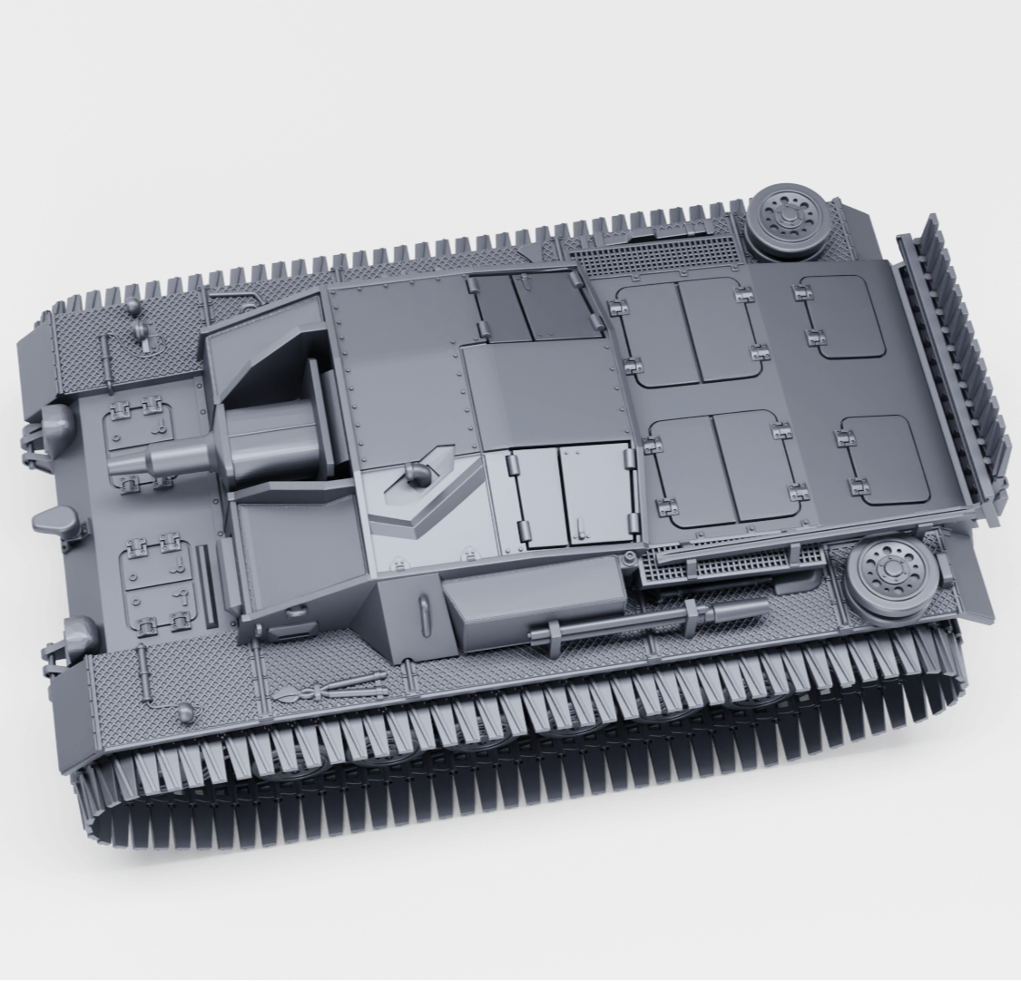 Modell des Sturmgeschütz III Ausf. D mit Winterketten in Detailansicht.