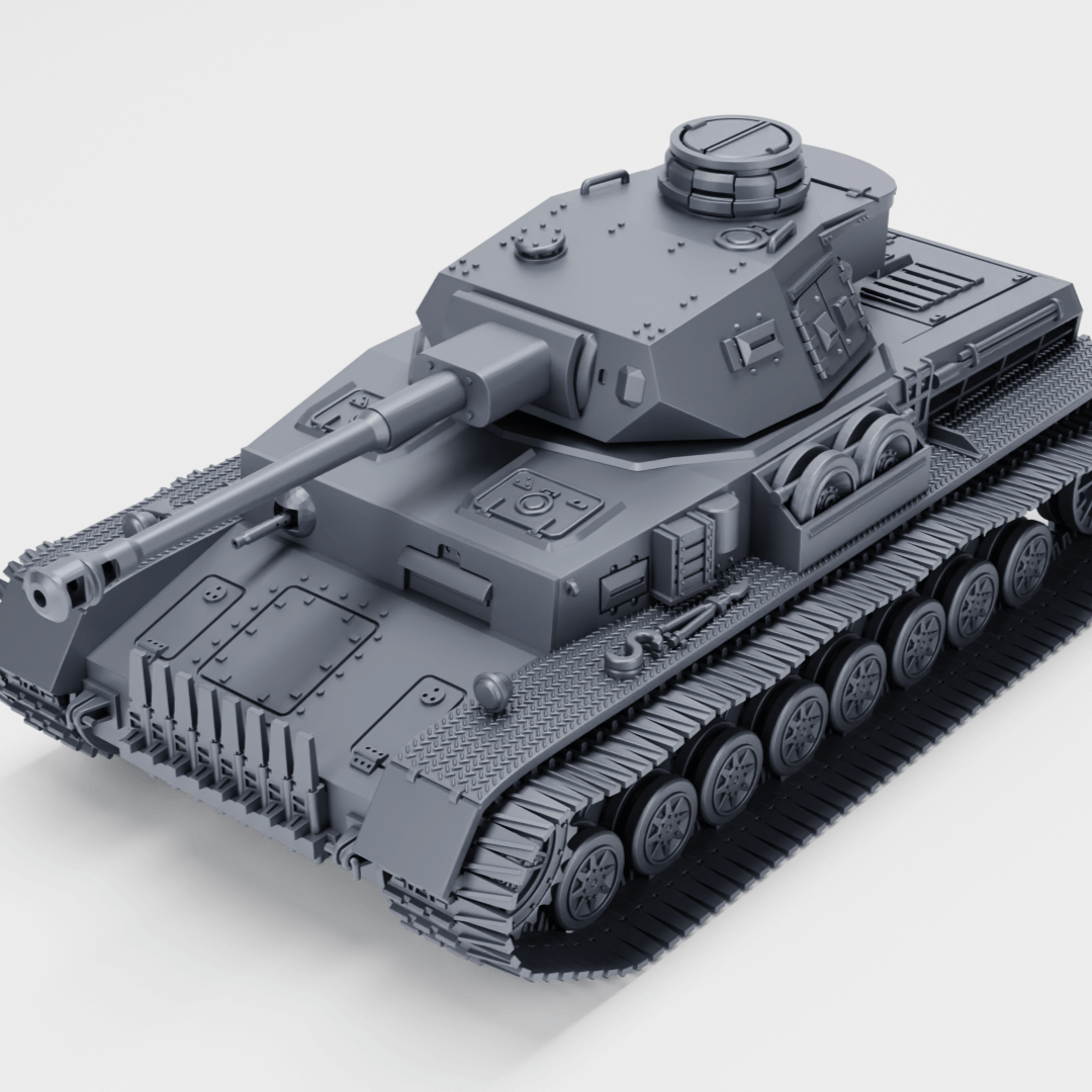 Panzer IV Ausf. G Modell, Detailansicht eines deutschen WWII-Panzers mit 7,5 cm KwK 40 Kanone und Winterketten.