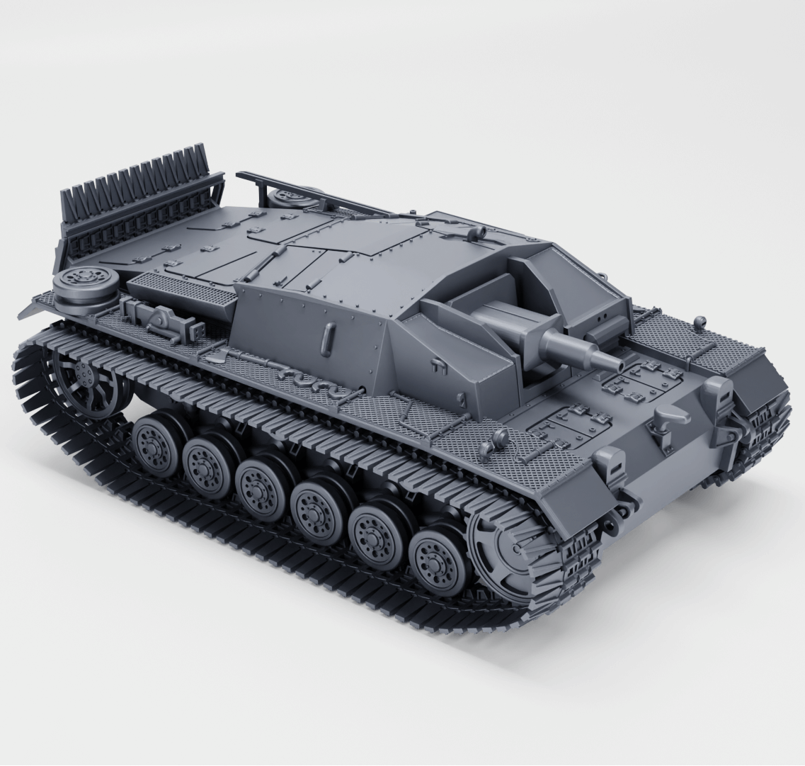 Sturmgeschütz III Ausf. D in grauem Design, Seitenansicht, mit Winterketten und 7,5 cm StuK 37 Kanone.