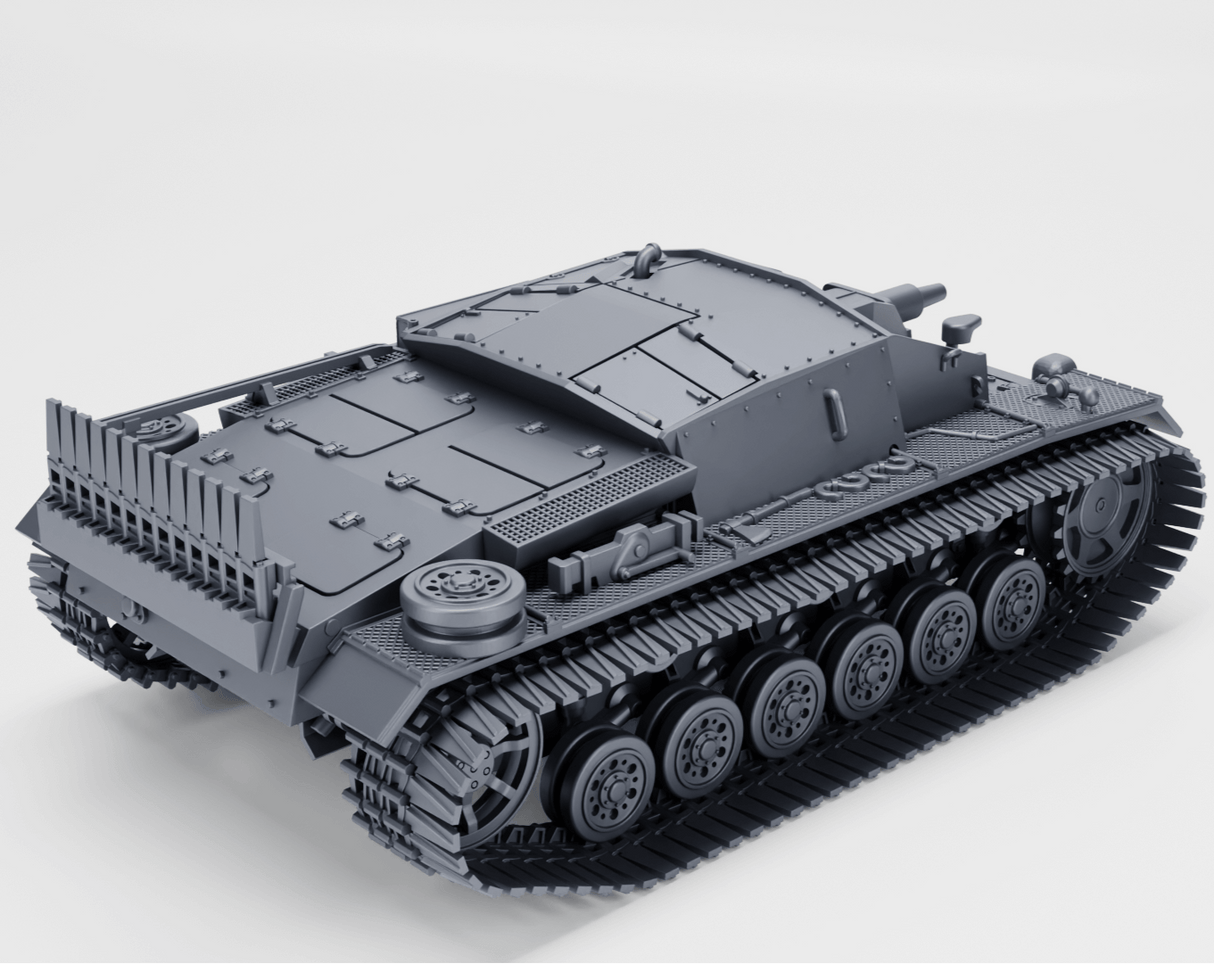 Sturmgeschütz III Ausf. D Modell mit Winterketten in detailreicher Ansicht.