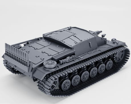 Sturmgeschütz III Ausf. D Modell mit Winterketten in detailreicher Ansicht.