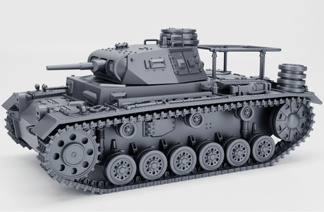 Panzerbefehlswagen III Ausf. E, Modell in grau, detailreiche Darstellung des Kommandopanzers mit Winterketten.