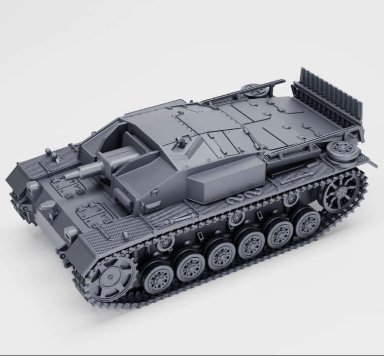 Modell des Sturmgeschütz III Ausf. E mit Winterketten, detailreiche Darstellung.