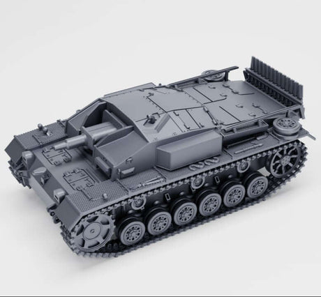 Modell des Sturmgeschütz III Ausf. E mit Winterketten, detailreiche Darstellung.
