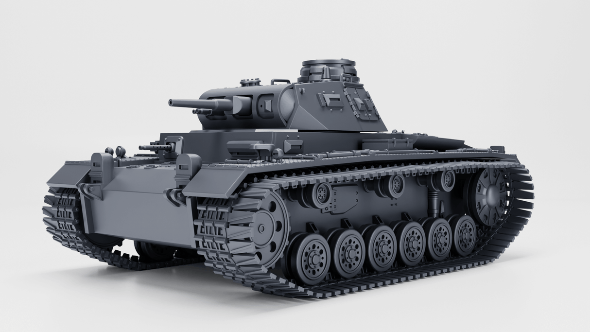 Panzer III Ausf. E Modell mit Winterketten, Seiteansicht, Zweiter Weltkrieg, deutsche Kampfpanzer.