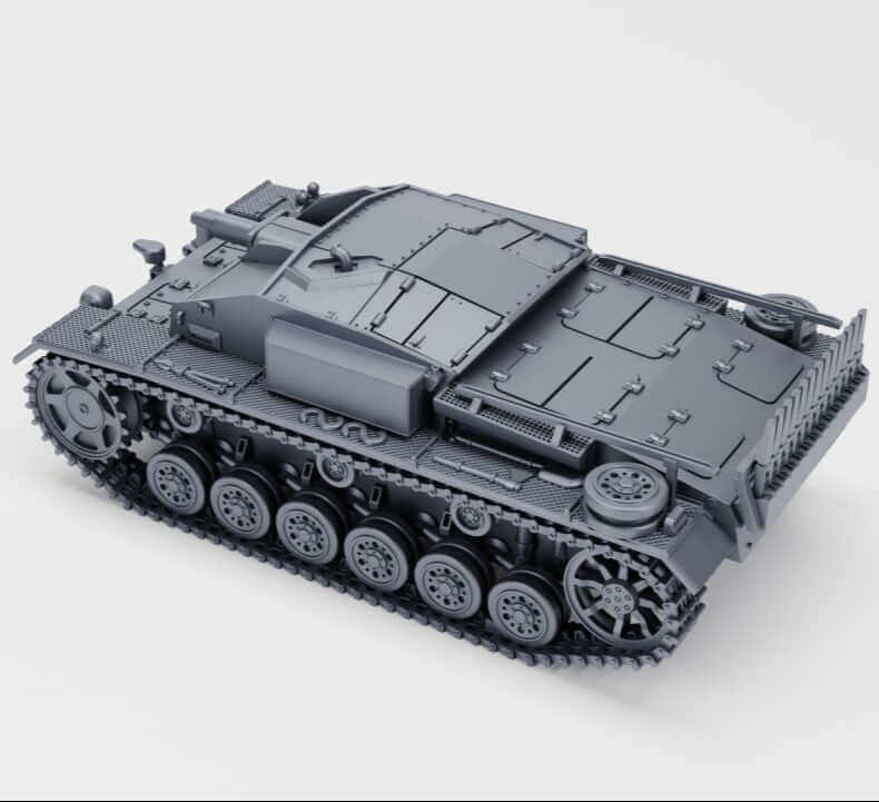 Modell des Sturmgeschütz III Ausf. E mit Winterketten in Grau, detailreiche Darstellung.