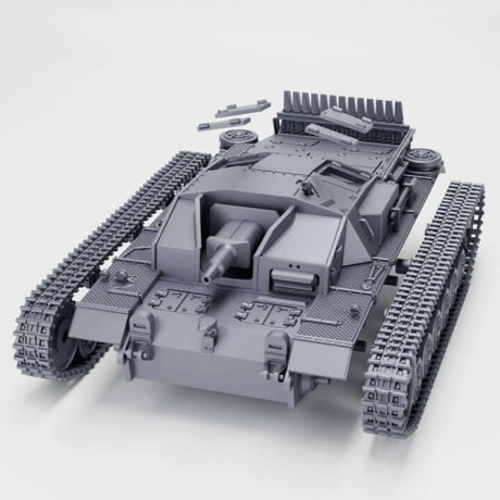 Modell des Sturmgeschütz III Ausf. D mit Winterketten, detaillierte Ansicht des Panzers.