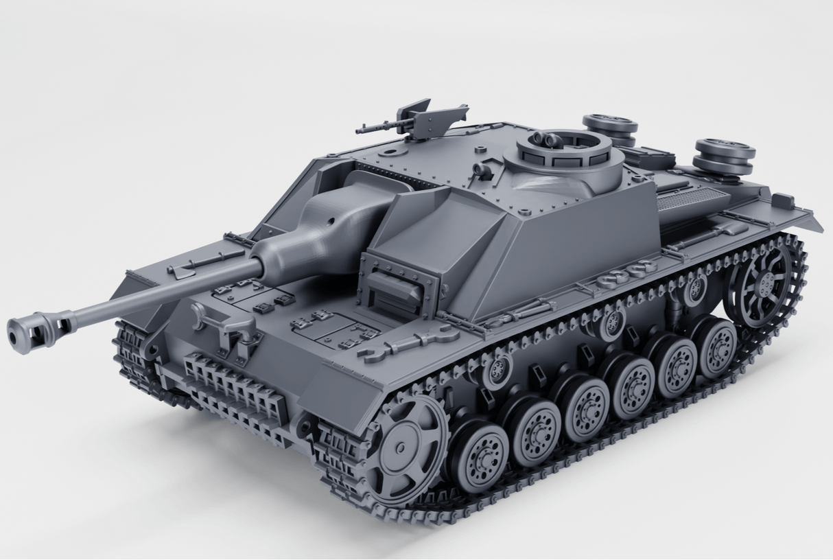 Grafik des Sturmgeschütz III Ausf. G (Late Edition) in Grau, mit charakteristischer Kanone und Winterketten.