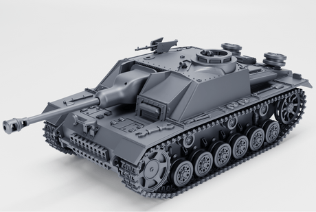 Grafik des Sturmgeschütz III Ausf. G (Late Edition) in Grau, mit charakteristischer Kanone und Winterketten.