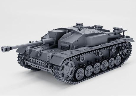 Modell des Sturmgeschützes III Ausf. F mit 7,5 cm Kanone und Winterketten, detailgetreu in Grau.