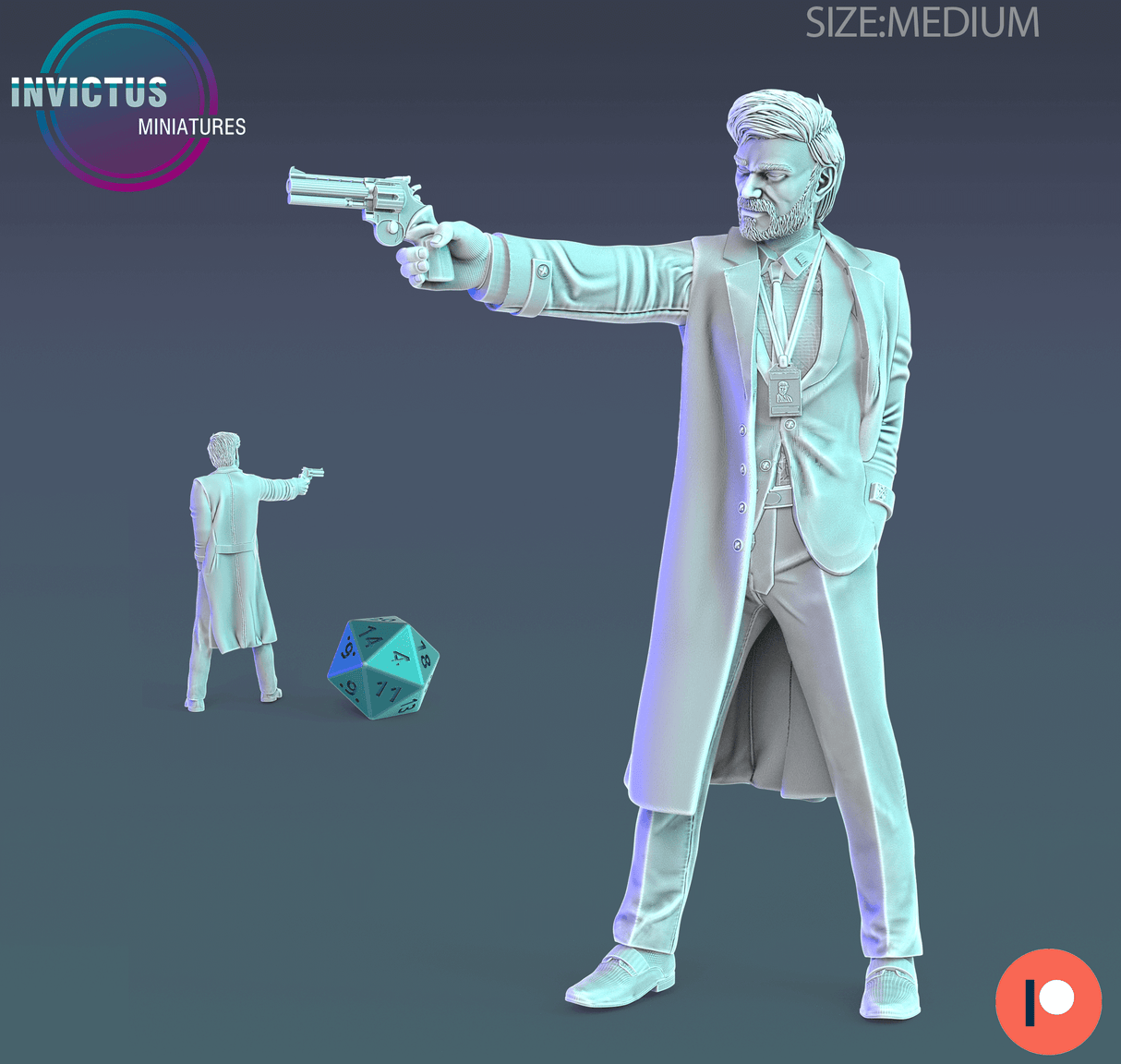 Miniatur eines Wissenschaftlers mit Revolver, bereit, sich gegen Gefahren zu verteidigen