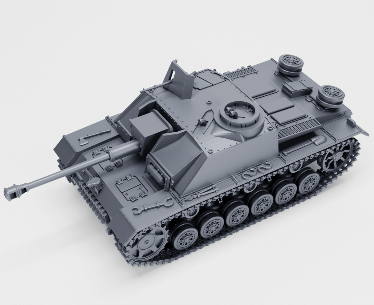 Detailansicht des Sturmgeschütz III Ausf. G (Early Edition), Modell mit 7,5 cm StuK 40 L/48, graues Finish.