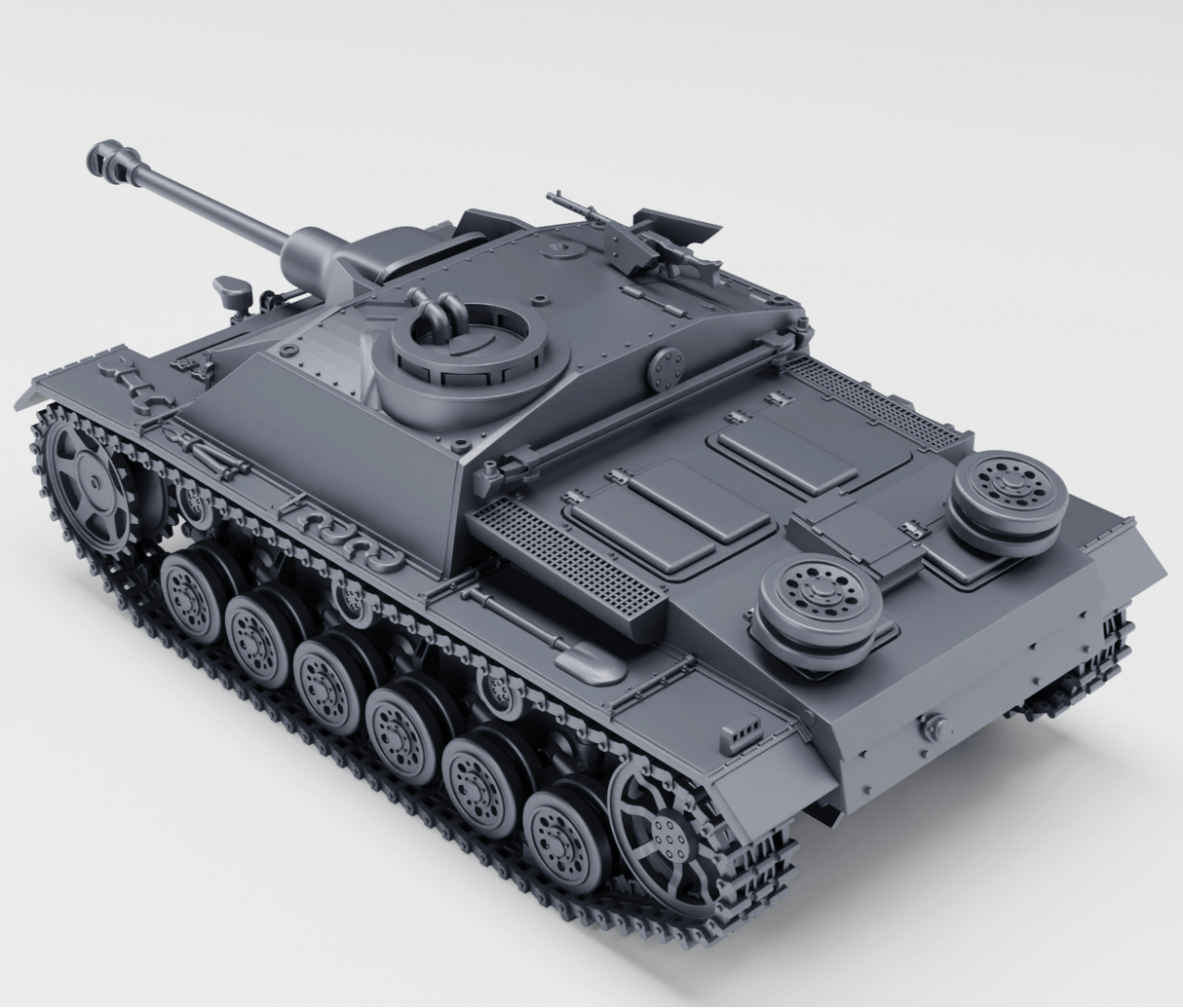 Sturmgeschütz III Ausf. G (Spätversion) in Grau, detaillierte Ansicht von oben, mit Charakteristiken der Ausführung.