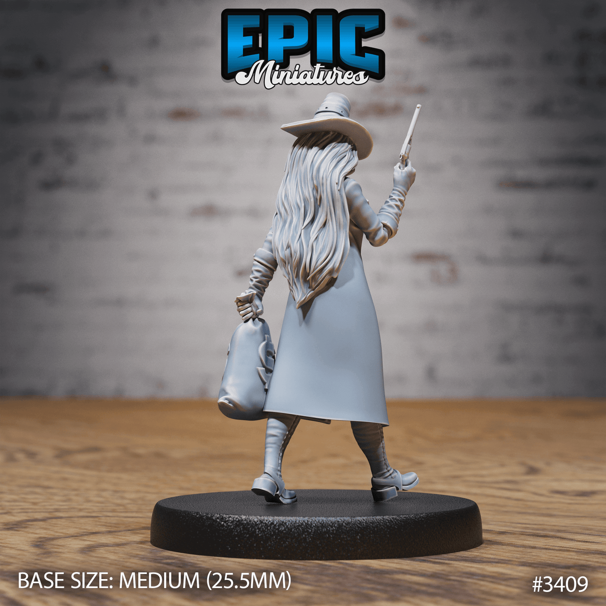 Sheriff Female Miniatur mit Geldsack, Tabletop Figur von Epic Miniatures, unbemalt und bereit für Deine Kreativität
