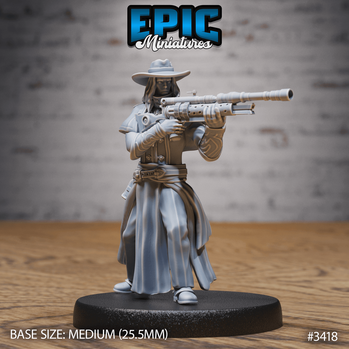 Holy Gunslinger Miniatur in Pose mit Gewehr, Tabletop Figur von Epic Miniatures, unbemalt und bereit für Deine Kreativität