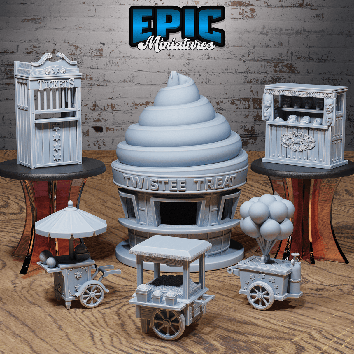 Tabletop Terrain: Sammlung von Zirkusbuden in detailreichem Grau