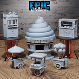Tabletop Terrain: Sammlung von Zirkusbuden in detailreichem Grau