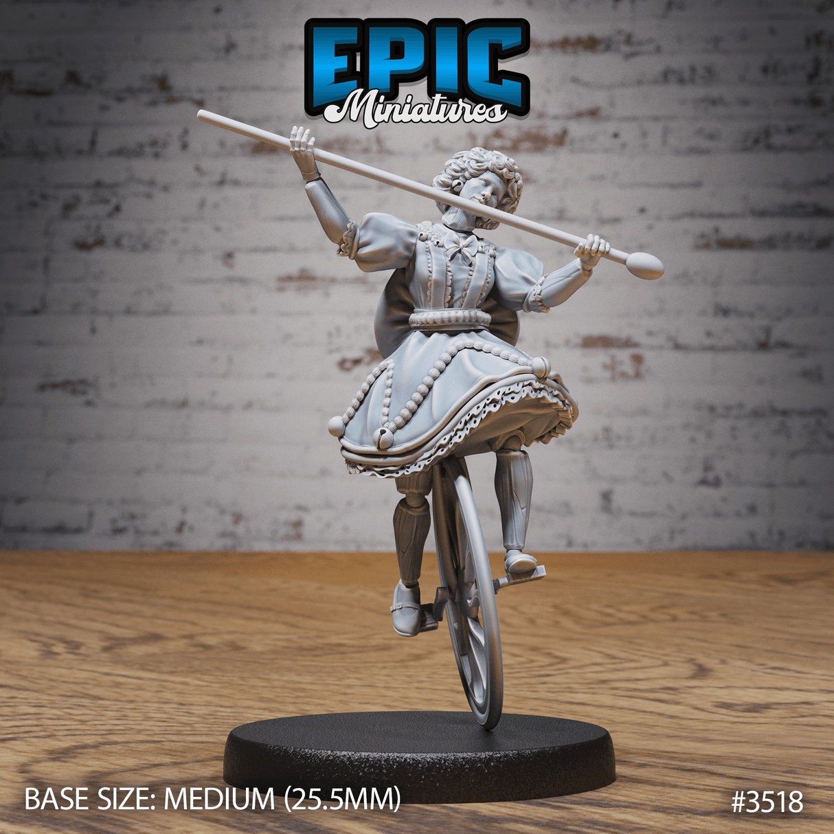 Frontansicht der Einrad fahreneden lebenden Puppe Tabletop Game Miniatur