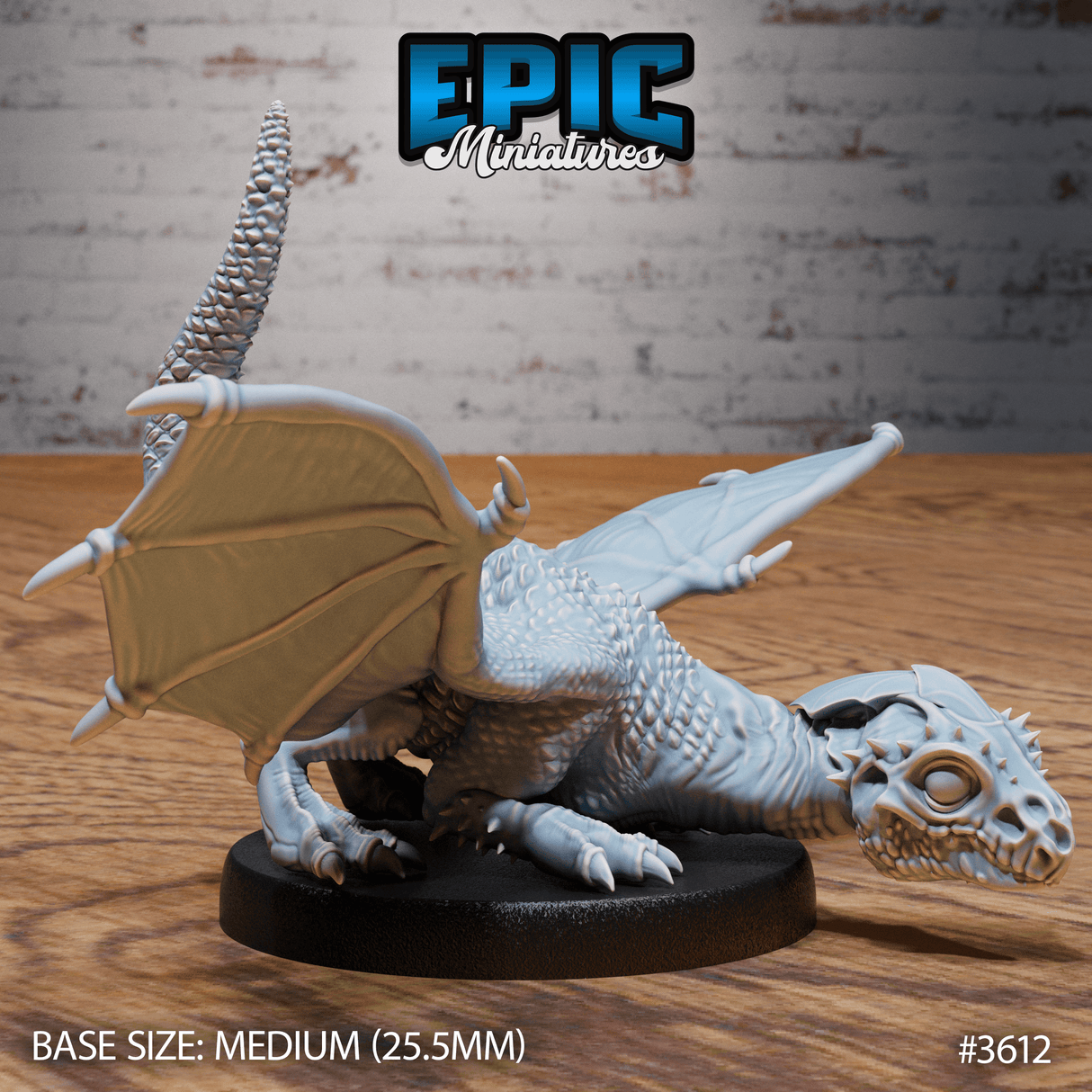 Vorderansicht des Weißen Drachenjünglings in Versteckposition für Tabletop Drachen
