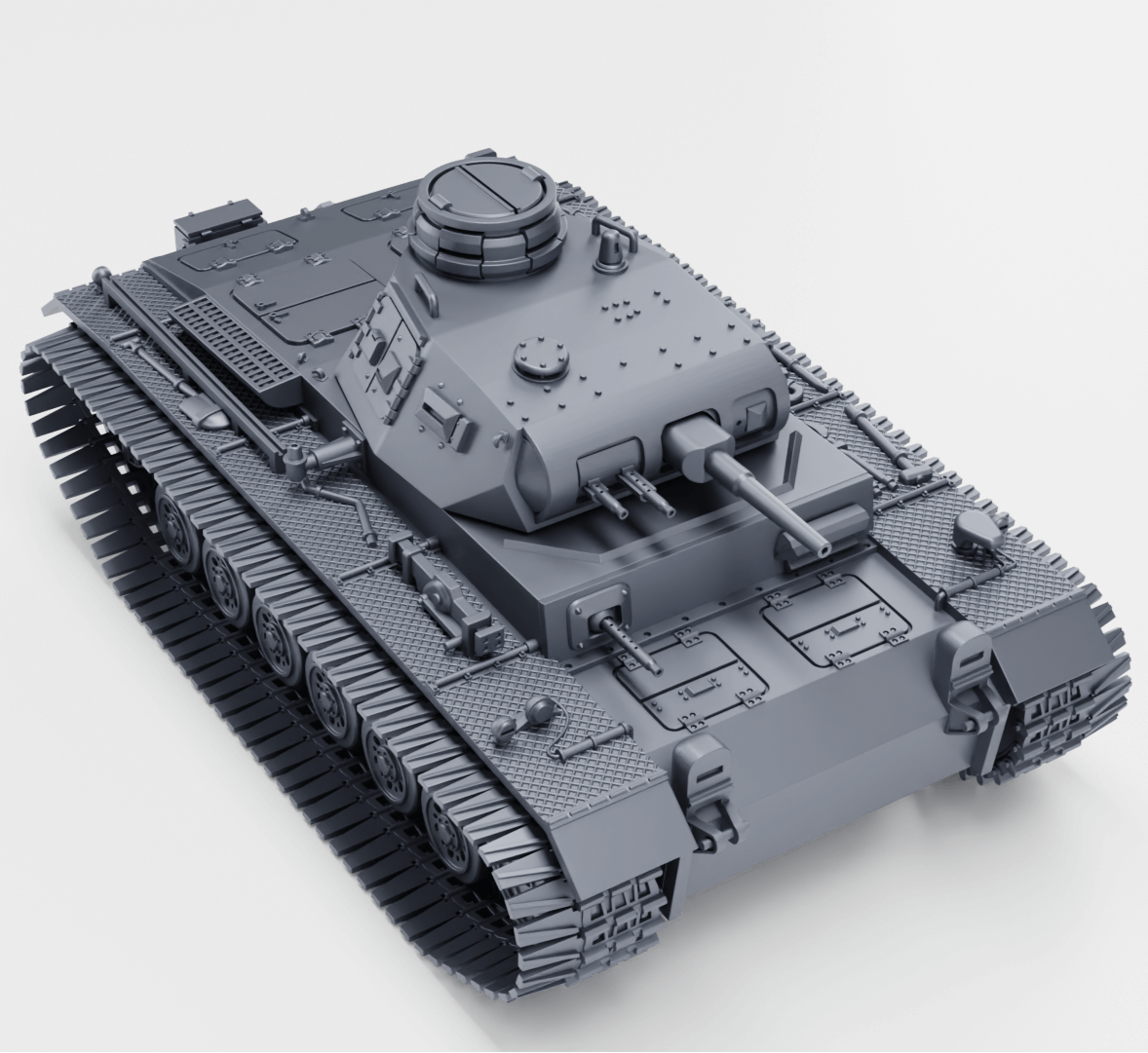 3D-Modell des Panzer III Ausf. E mit Standard- und Winterketten in grau, detailreiche Darstellung.