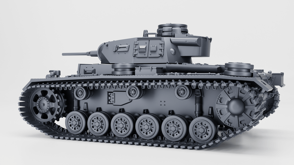 Panzer III Ausf. G Modell in Grau, Seiteansicht, zeigt Details des Panzers und seine Laufwerke.