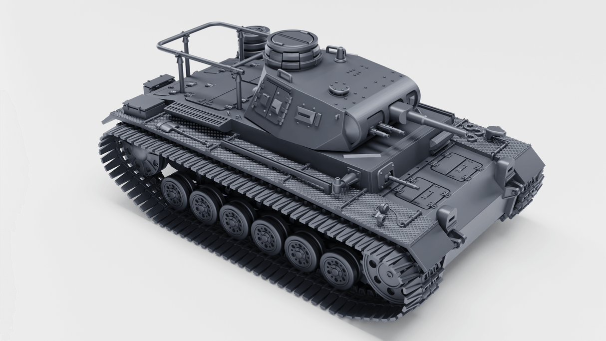 3D-Modell des Panzerbefehlswagen III Ausf. E mit Winterketten, militärisches Fahrzeug der Wehrmacht.