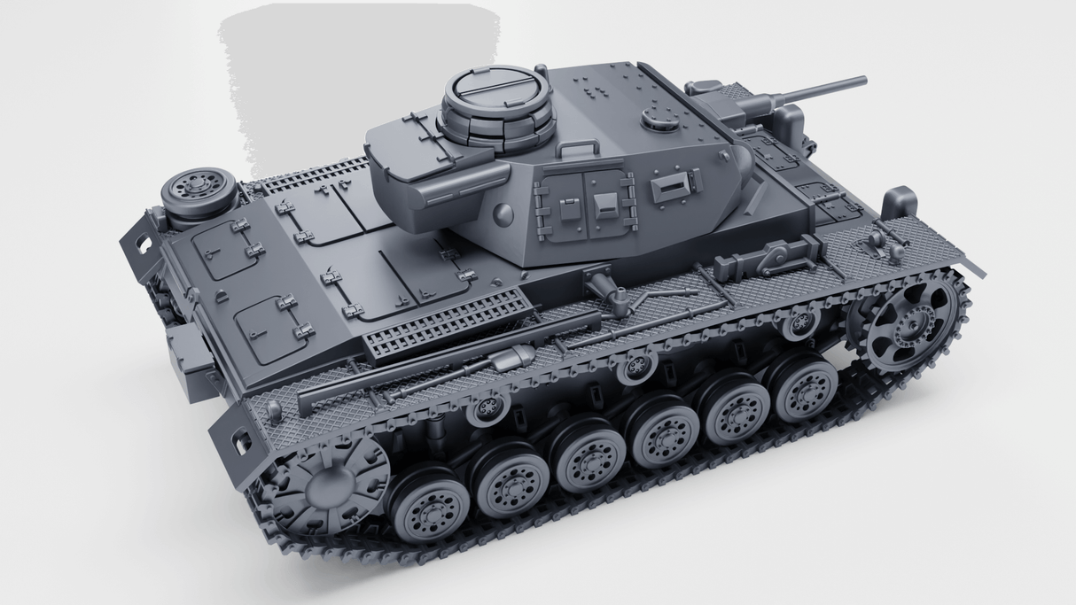 Detailansicht des Panzer III Ausf. G Modells in neutraler Farbe, mit Standard und Winterketten.