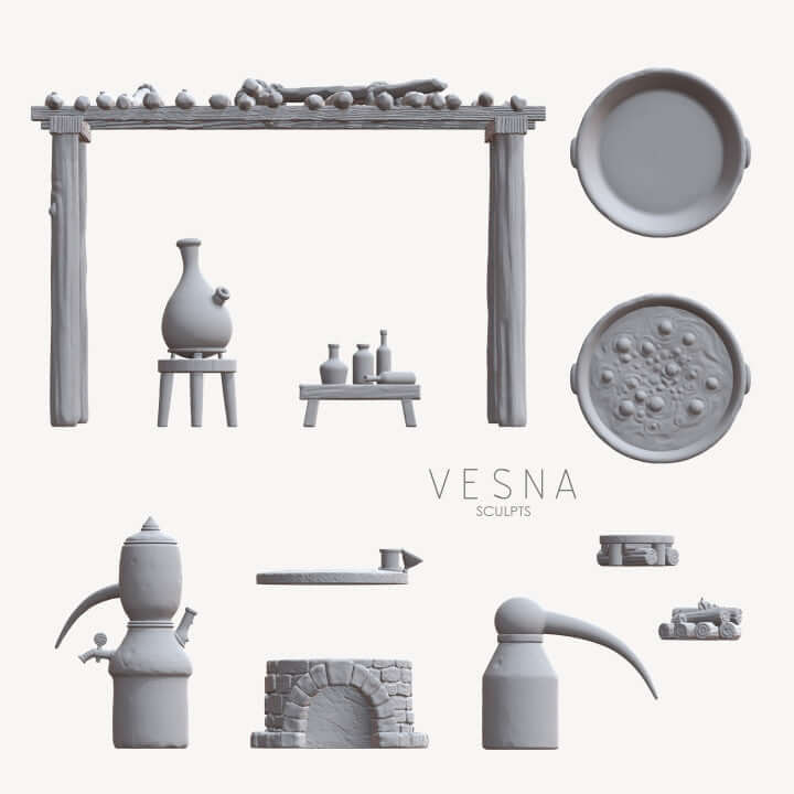 Fantasy Miniatur-Set mit Alchemistenofen und Zubehör, ideal für Rollenspiele.