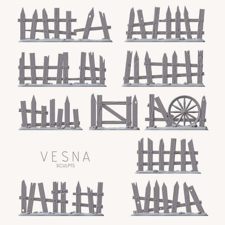Authentisches Zaun-Set aus Holz von Vesna Sculpts, perfekt für strategische Geländegestaltung in Tabletop-RPGs.
