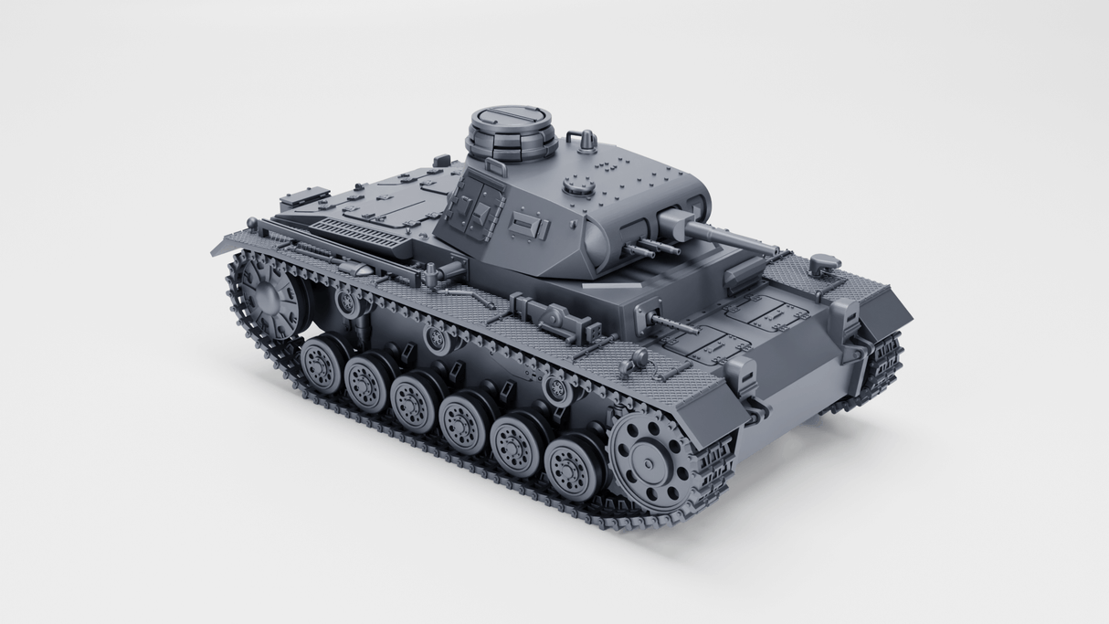3D-Modell des Panzer III Ausf. E mit Standard- und Winterketten, symbolisch für deutsche Panzer der 1940er Jahre.