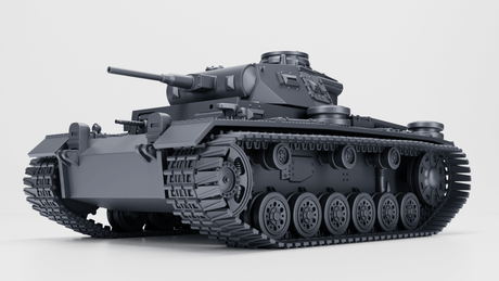 Modell des Panzer III Ausf. G mit Standard- und Winterketten, zeigt Detailansicht des Panzers in grau.