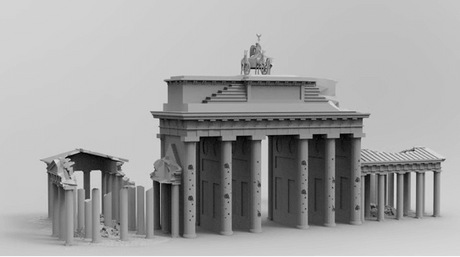 Zerstörtes Brandenburger Tor Modell für Wargaming im Maßstab 1:56, mit detailgetreuen Zerstörungen.
