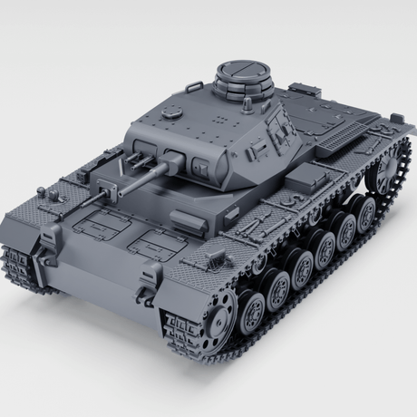 Panzer III Ausf. E Modell in grauem Design mit Winterketten, detailreiche Ansicht für Sammler und Modellbau.