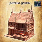 Detailaufnahme der Kaiserlichen Bäckerei Tabletop Gelände, unbemalt in Grau
