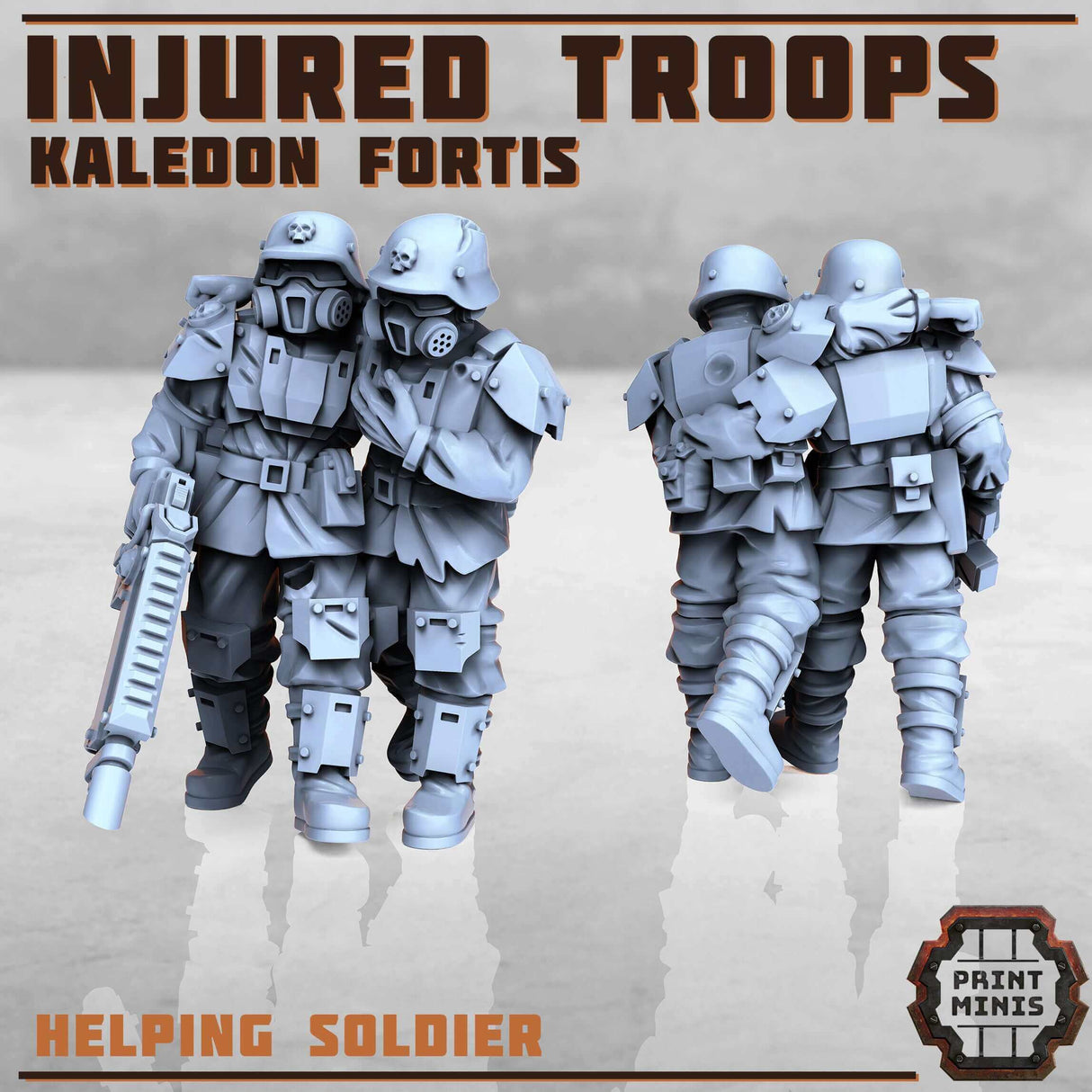 Detailreiche, unbemalte Miniaturen von verwundeten Soldaten der Kaledon Fortis