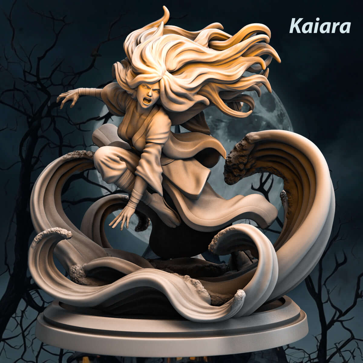 Kaiara Miniatur, geisterhafte Kriegerin in 1:24, dynamische Pose, energische Details, für Tabletop-Spiele.