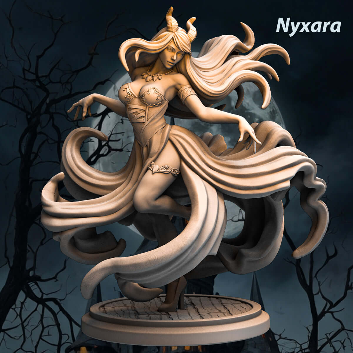 Nyxara Miniatur: mystische Verführerin mit Hörnern und fließendem Gewand, perfekt für Sammler und Tabletop-Spieler.