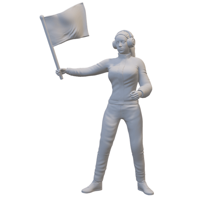 3D-gedruckte Streckenpostenfrau mit Fahne für Renn-Dioramen