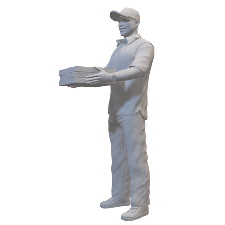 3D-gedruckte Pizzalieferant-Miniaturfigur mit Pizzakartons