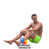 3D gedruckte Miniatur Figur von einem Mann der in der Badehose sitzt